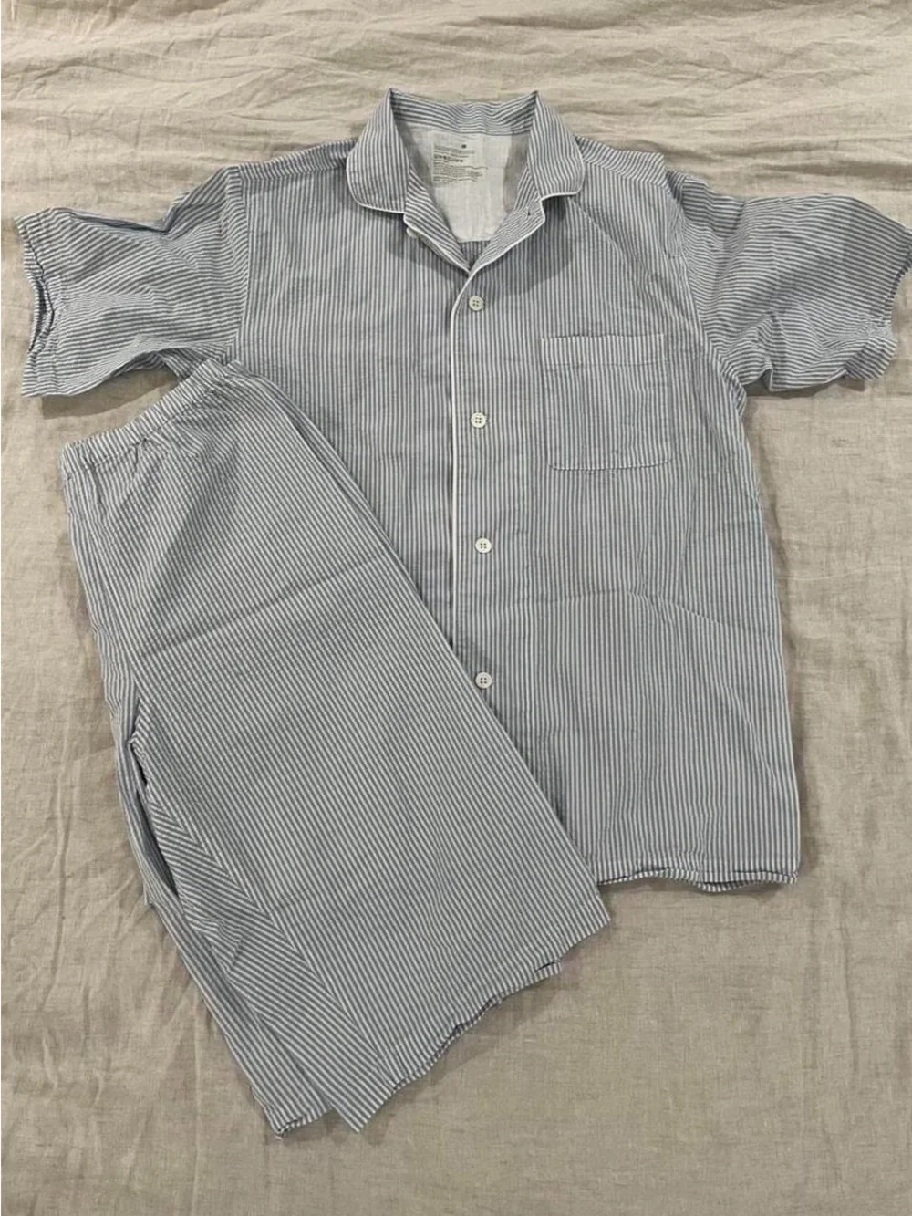 MUJI Blue Stripe Pajama Set - MUJI Men's Side Seamless Seersucker Pajamas Blue